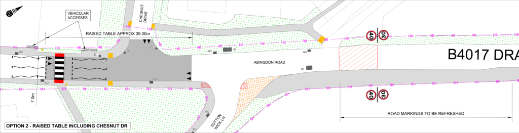image depicts the layout for the proposed crossing at Chestnut Drive / Abingdon Road, Drayton